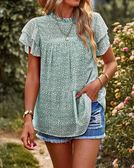 Printed Ruffle Sleeve Babydoll Blouse.