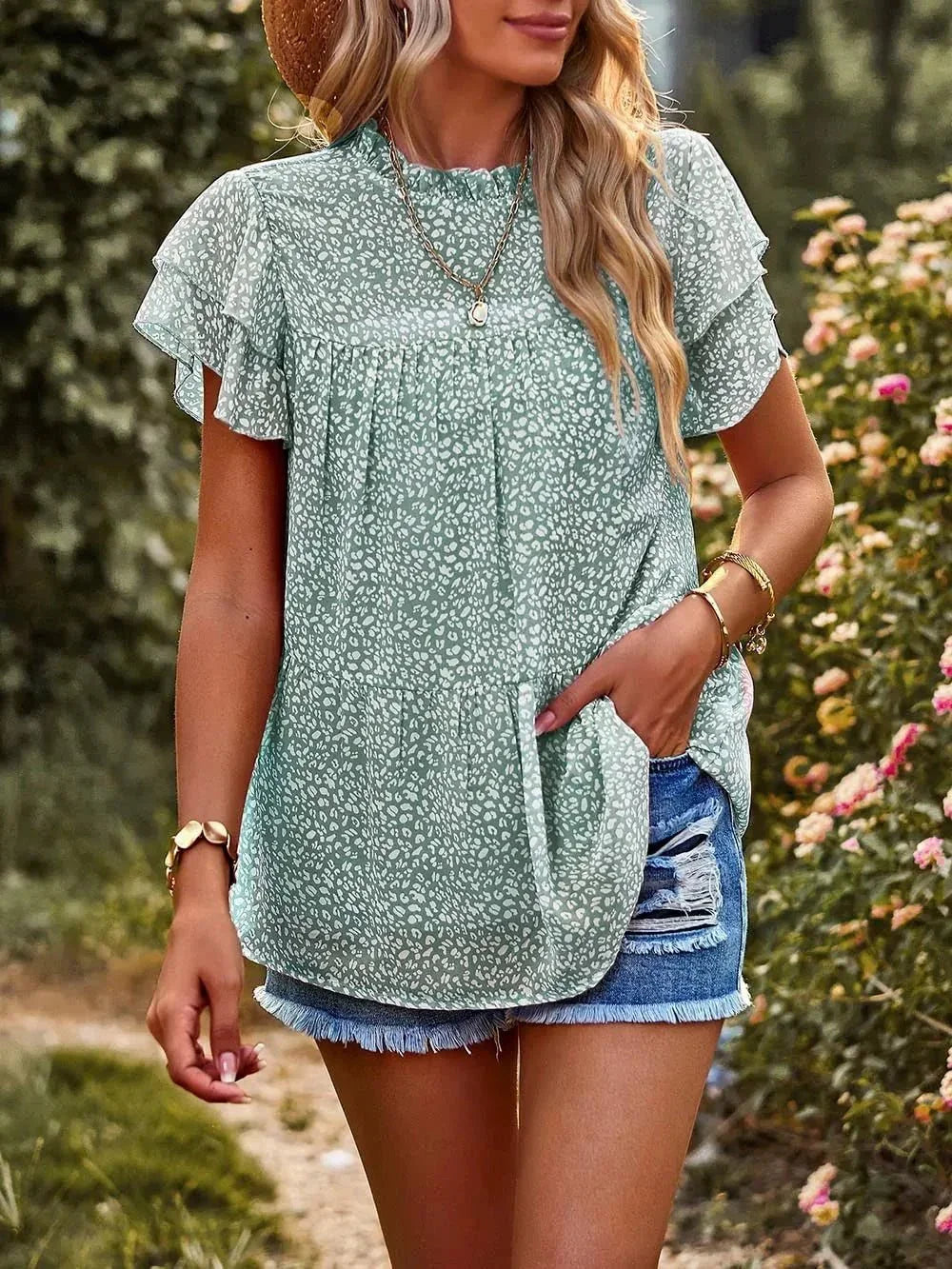 Printed Ruffle Sleeve Babydoll Blouse.