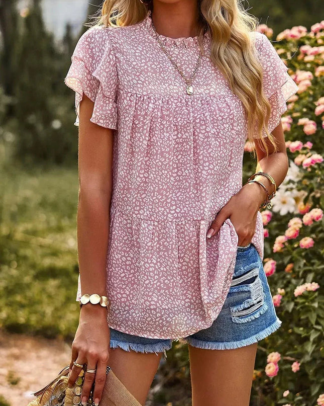 Printed Ruffle Sleeve Babydoll Blouse.