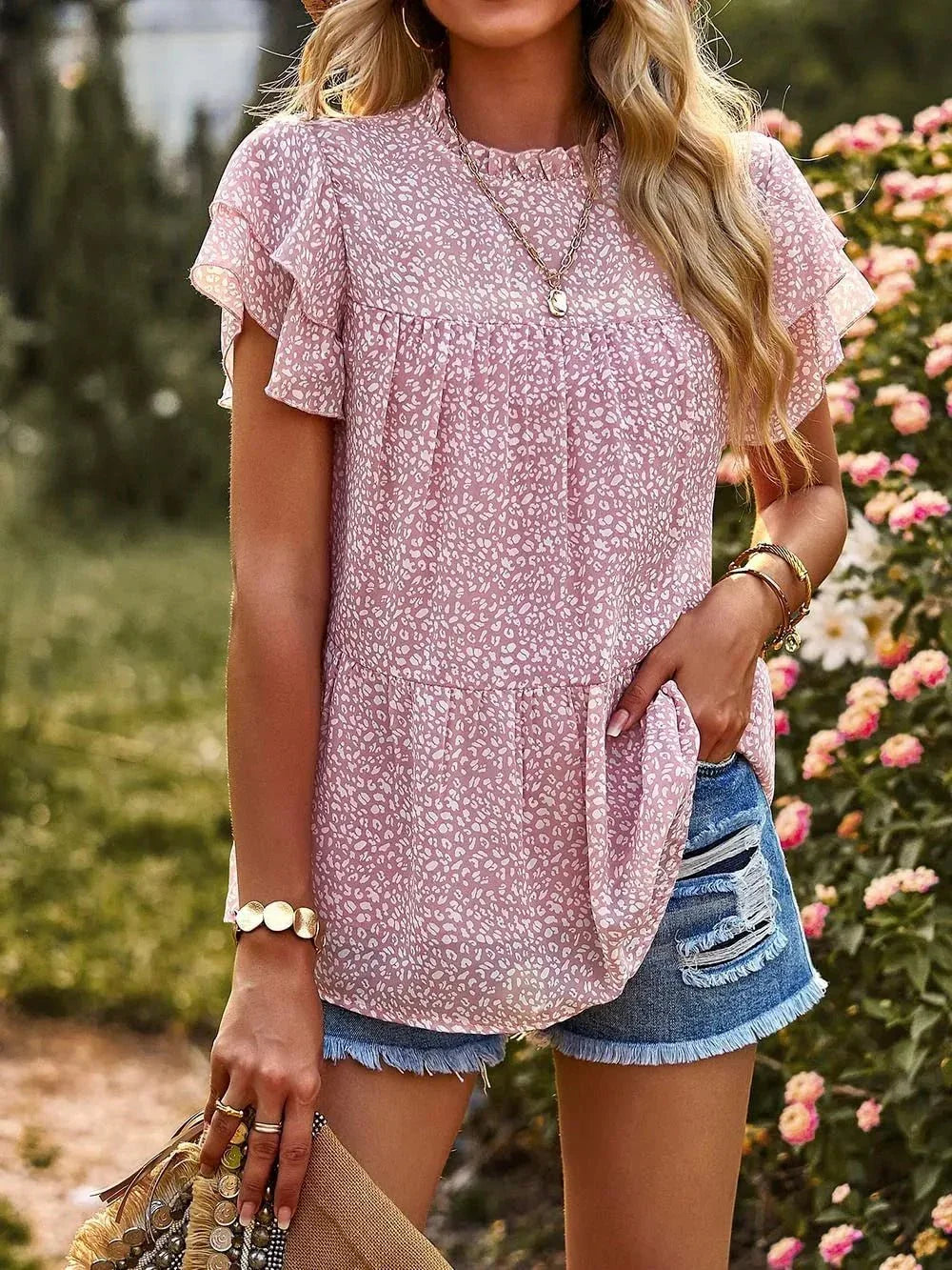 Printed Ruffle Sleeve Babydoll Blouse.