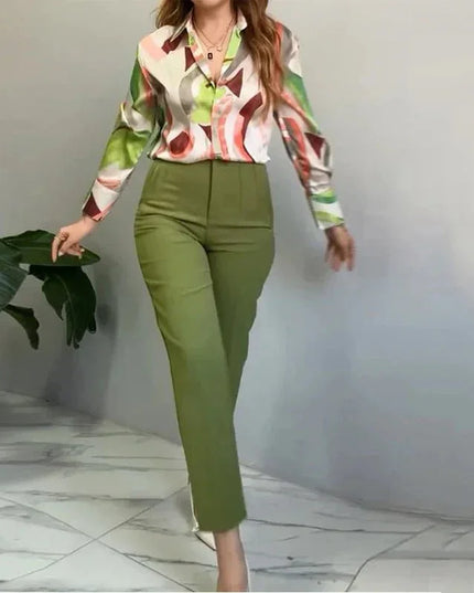 Printed Shirt Slim Trousers Casual Two-piece Suit.