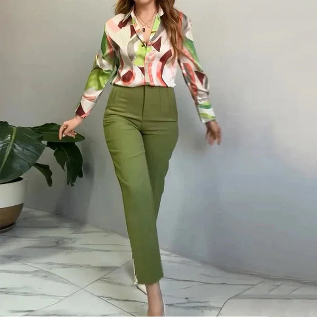 Printed Shirt Slim Trousers Casual Two-piece Suit.