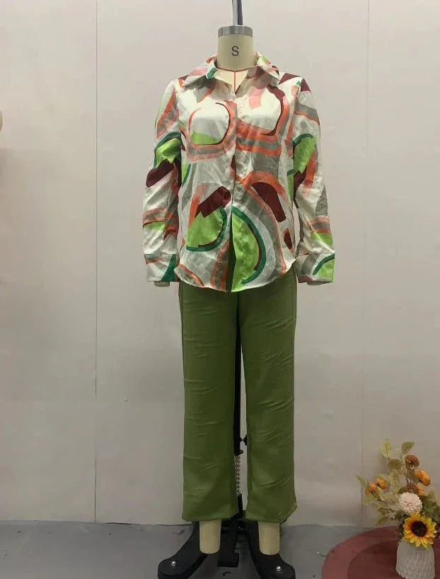 Printed Shirt Slim Trousers Casual Two-piece Suit.