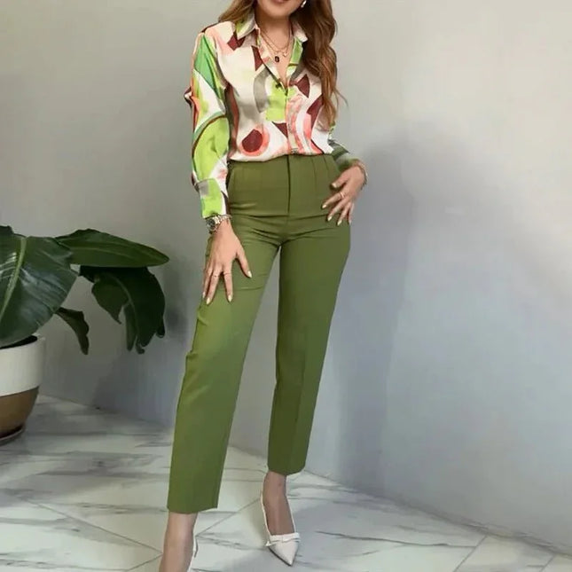 Printed Shirt Slim Trousers Casual Two-piece Suit.