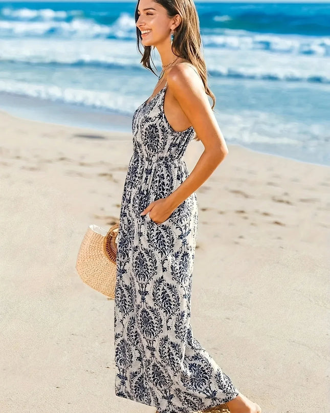 Printed Spaghetti Strap Beach Jumpsuit.