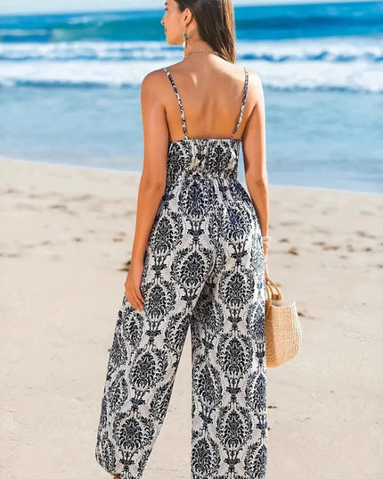 Printed Spaghetti Strap Beach Jumpsuit.