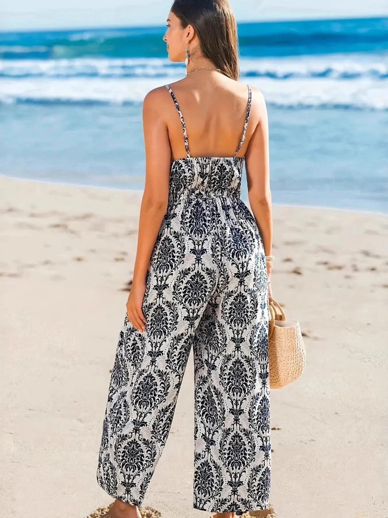 Printed Spaghetti Strap Beach Jumpsuit.