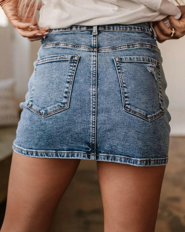 Rhinestone Distressed Denim Mini Skirt.