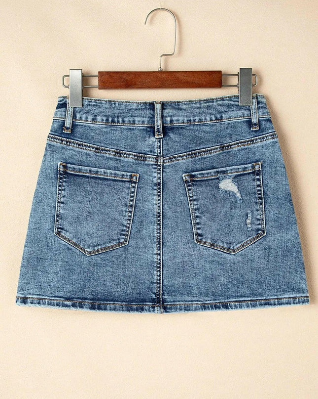 Rhinestone Distressed Denim Mini Skirt.