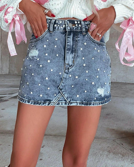 Rhinestone Distressed Denim Mini Skirt.