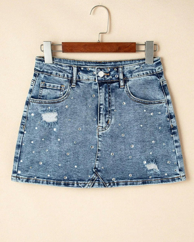 Rhinestone Distressed Denim Mini Skirt.