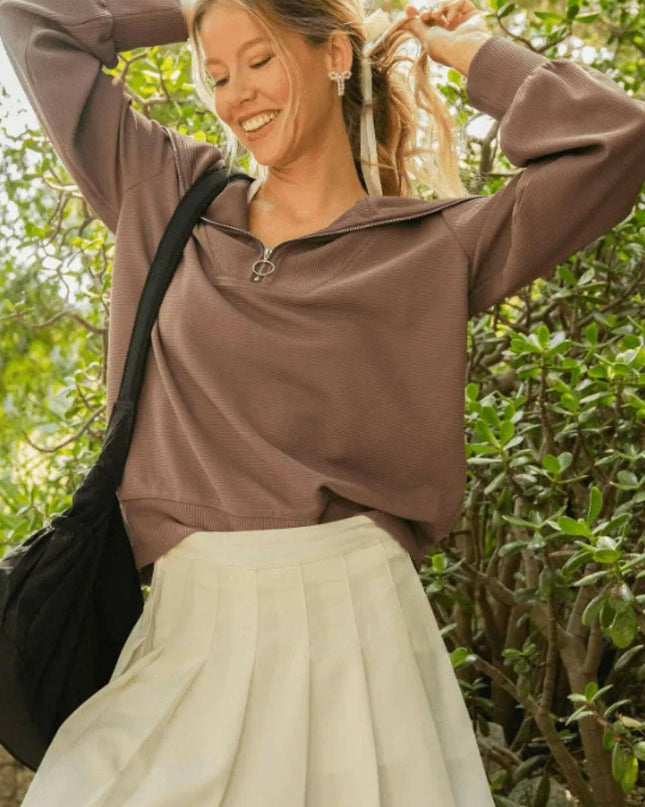 Ribbed Knit Half Zipper Sweatshirt Plus Size.