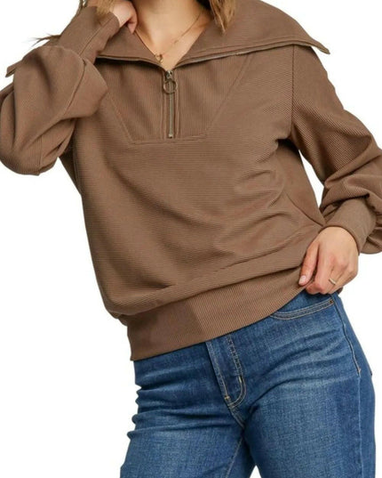Ribbed Knit Half Zipper Sweatshirt Plus Size.
