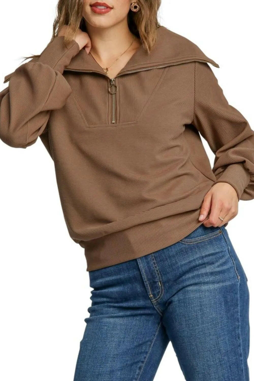 Ribbed Knit Half Zipper Sweatshirt Plus Size.