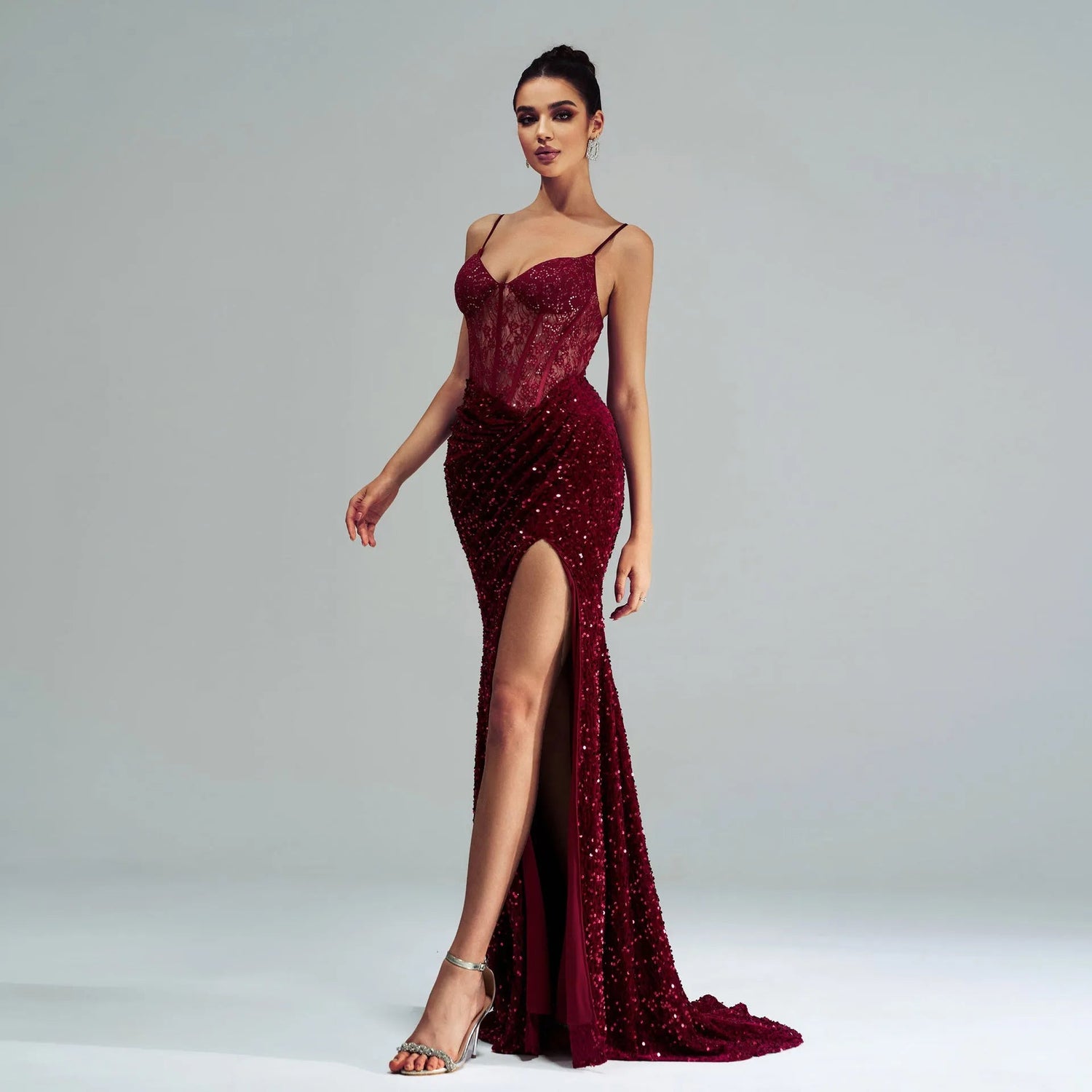 Sequin Slit Evening Gown with Spaghetti Straps.