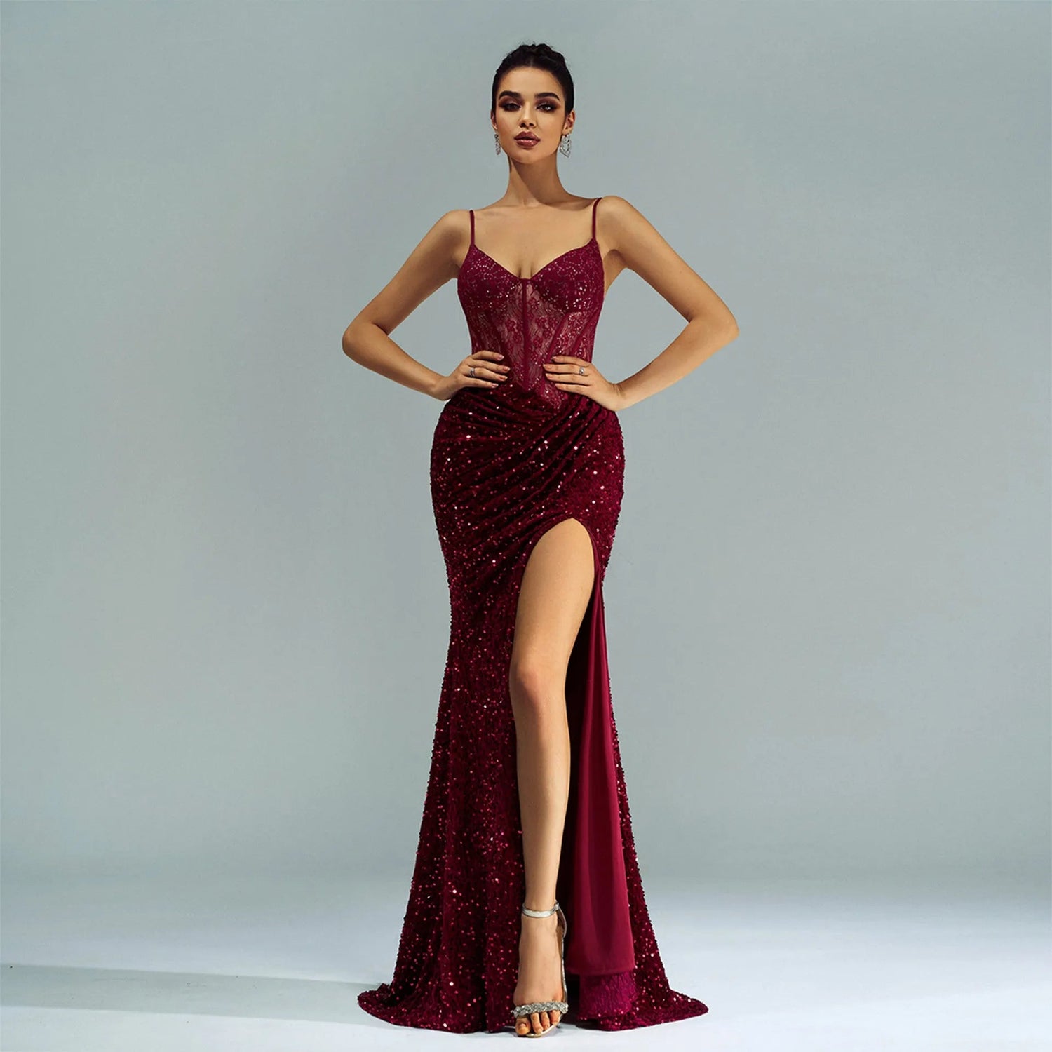Sequin Slit Evening Gown with Spaghetti Straps.