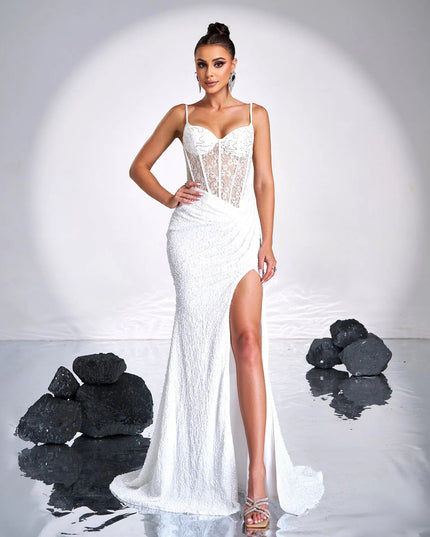 Sequin Slit Evening Gown with Spaghetti Straps.