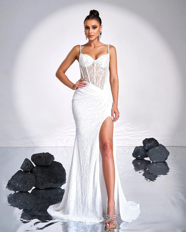 Sequin Slit Evening Gown with Spaghetti Straps.