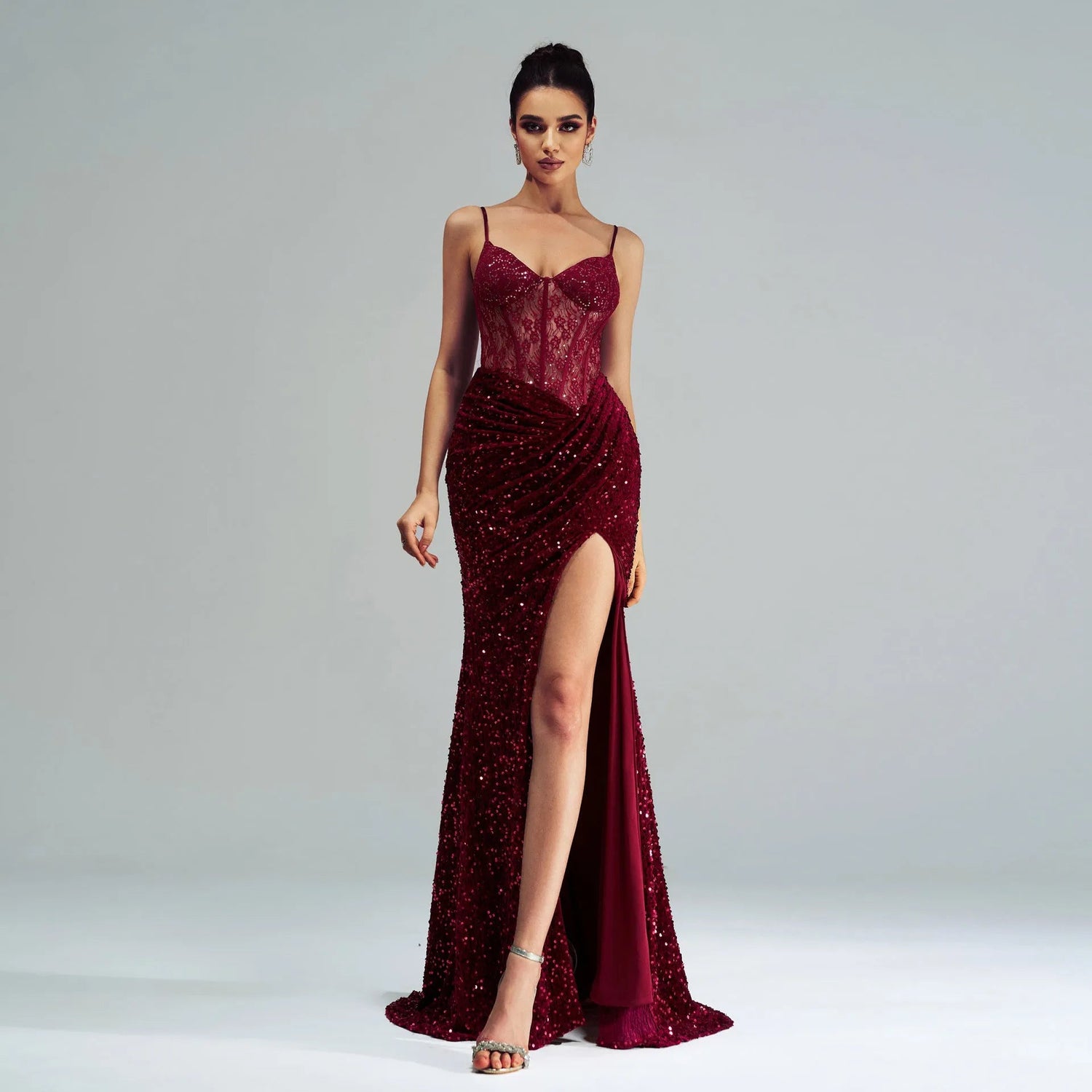 Sequin Slit Evening Gown with Spaghetti Straps.