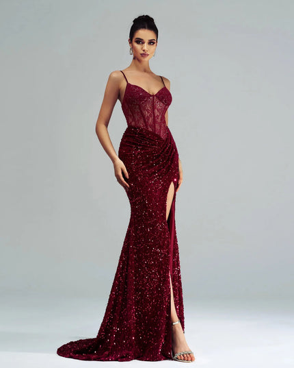 Sequin Slit Evening Gown with Spaghetti Straps.