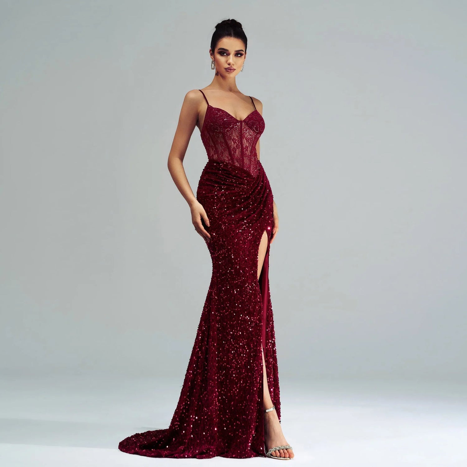 Sequin Slit Evening Gown with Spaghetti Straps.
