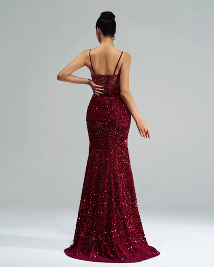 Sequin Slit Evening Gown with Spaghetti Straps.