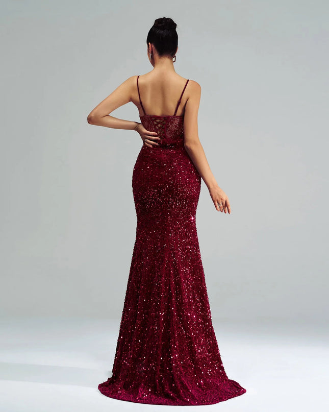 Sequin Slit Evening Gown with Spaghetti Straps.