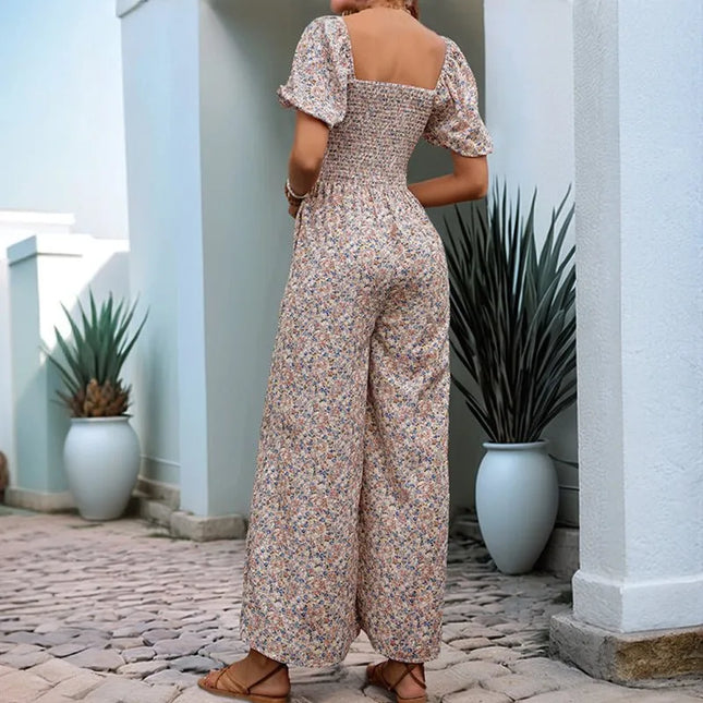 Square Neck Floral Jumpsuit with Puff Sleeves.