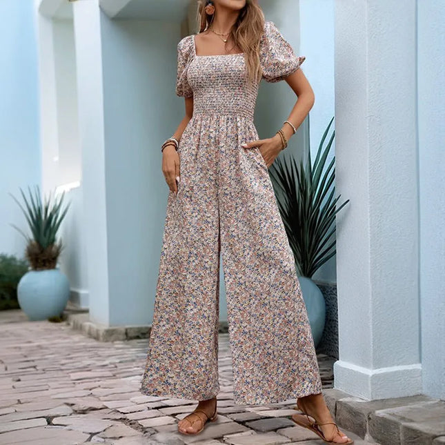 Square Neck Floral Jumpsuit with Puff Sleeves.