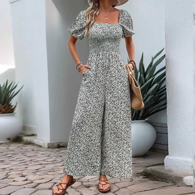 Square Neck Floral Jumpsuit with Puff Sleeves.