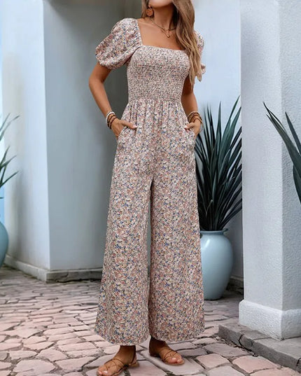 Square Neck Floral Jumpsuit with Puff Sleeves.
