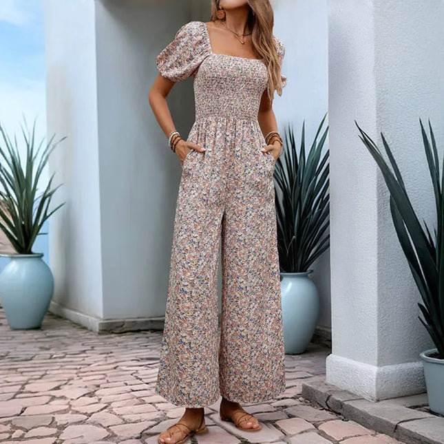 Square Neck Floral Jumpsuit with Puff Sleeves.