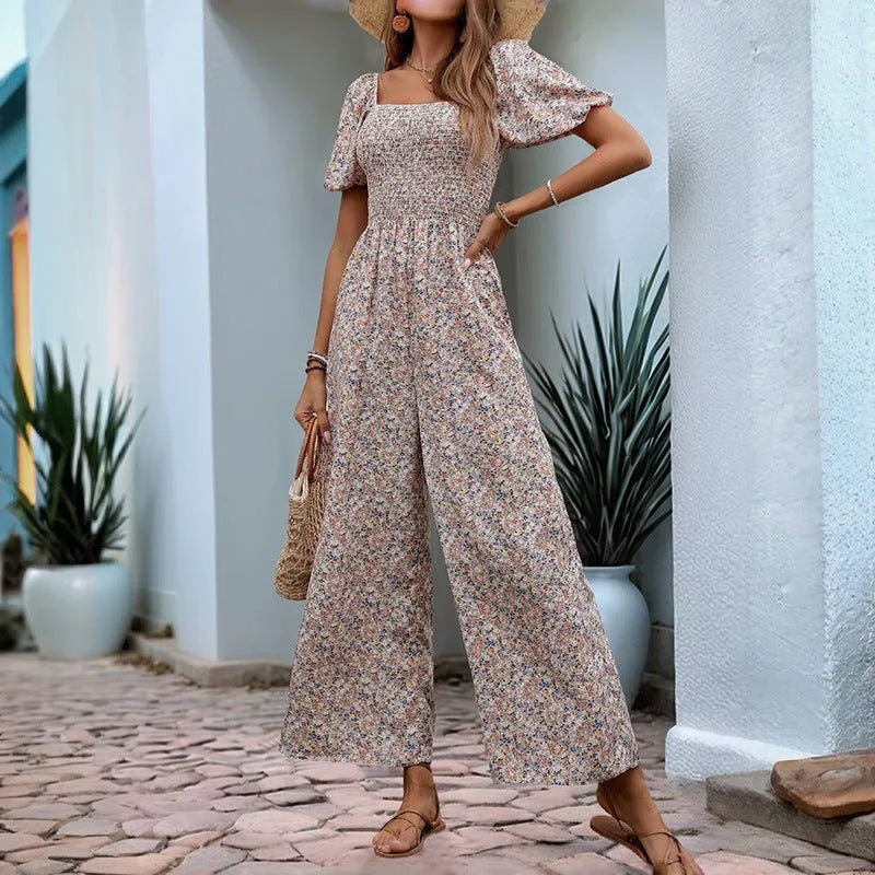 Square Neck Floral Jumpsuit with Puff Sleeves.