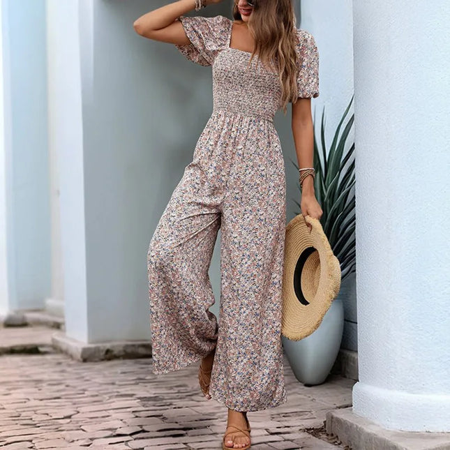 Square Neck Floral Jumpsuit with Puff Sleeves.