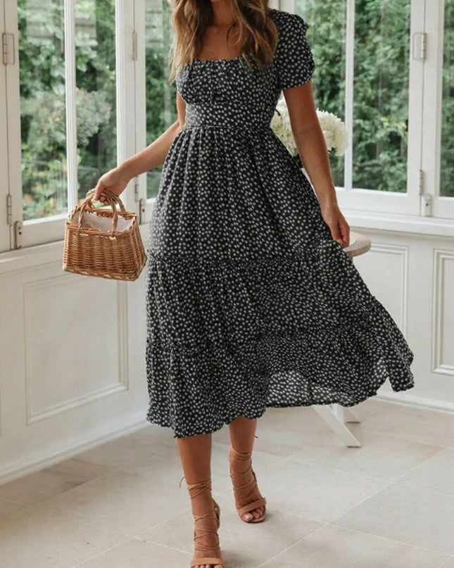 Square Neck Short Sleeve Midi Dress.