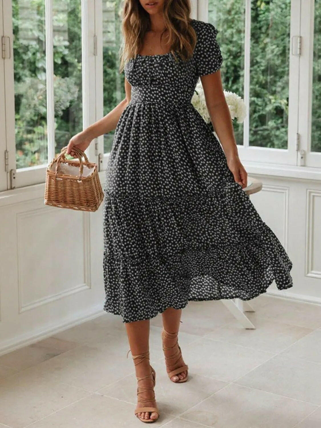 Square Neck Short Sleeve Midi Dress.