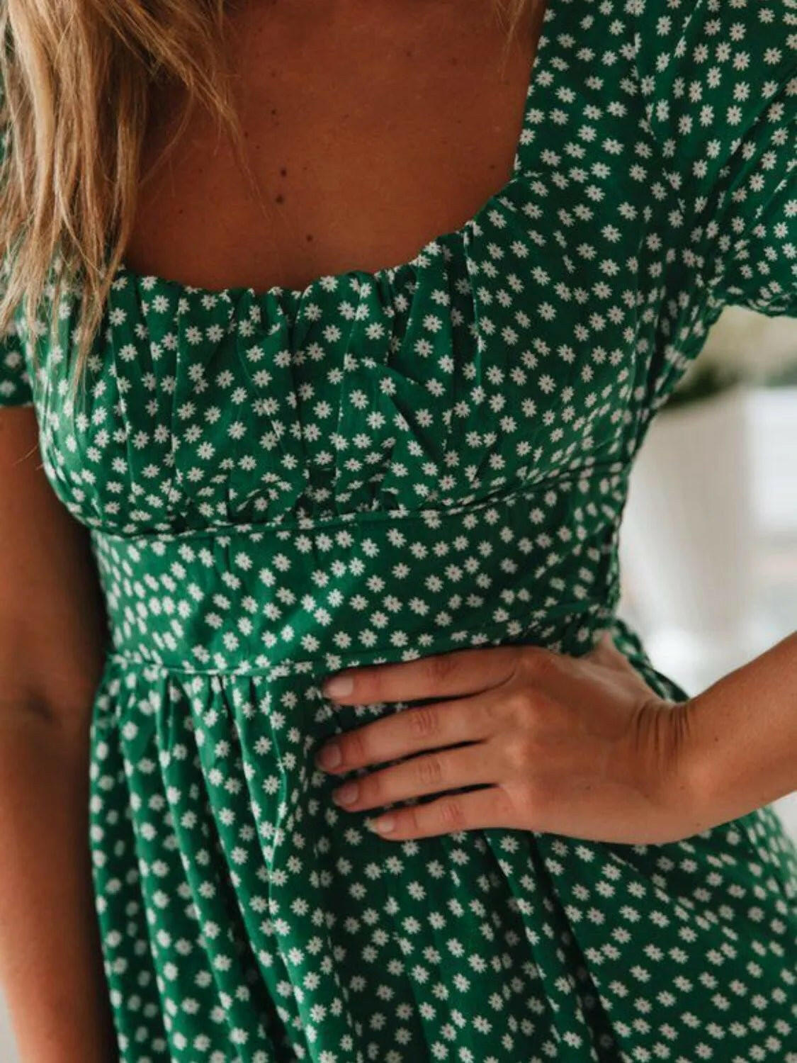 Square Neck Short Sleeve Midi Dress.