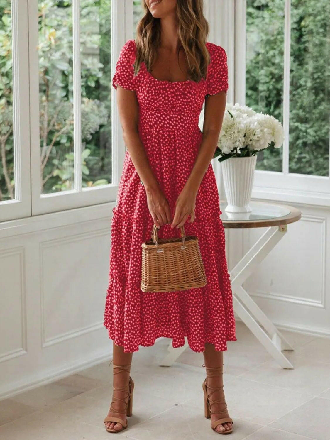 Square Neck Short Sleeve Midi Dress.