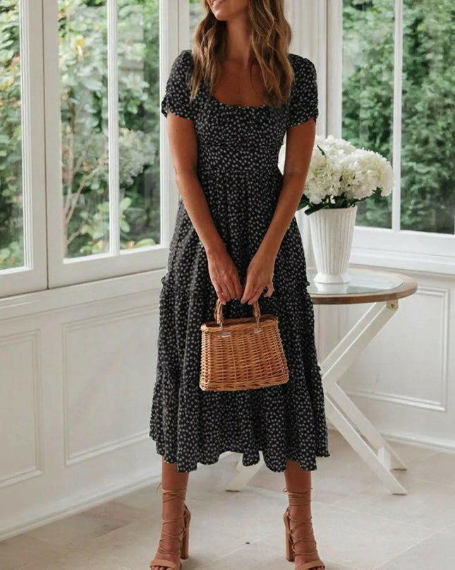 Square Neck Short Sleeve Midi Dress.