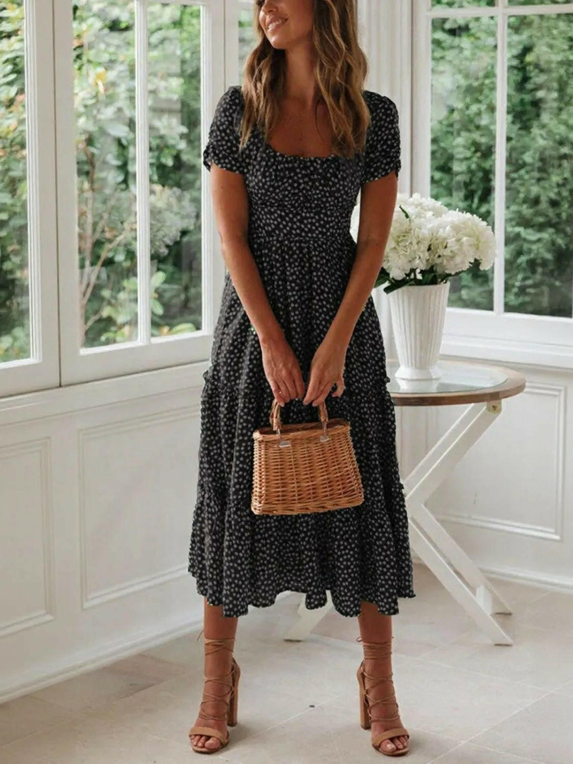 Square Neck Short Sleeve Midi Dress.