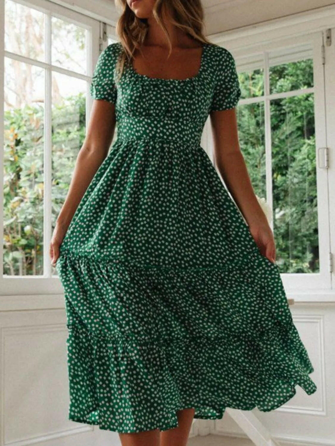 Square Neck Short Sleeve Midi Dress.
