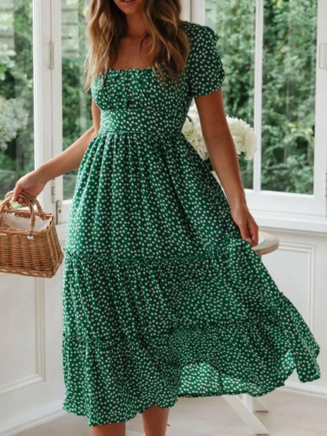 Square Neck Short Sleeve Midi Dress.