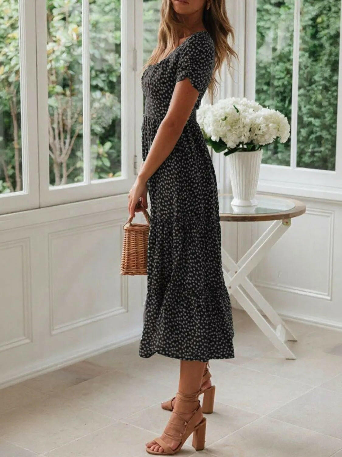 Square Neck Short Sleeve Midi Dress.