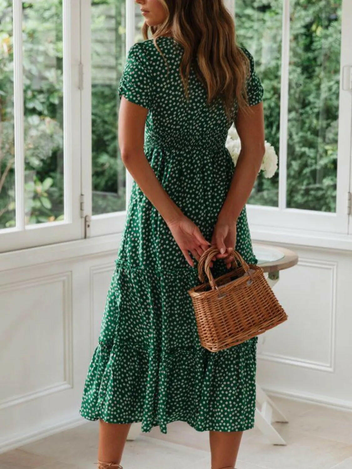 Square Neck Short Sleeve Midi Dress.