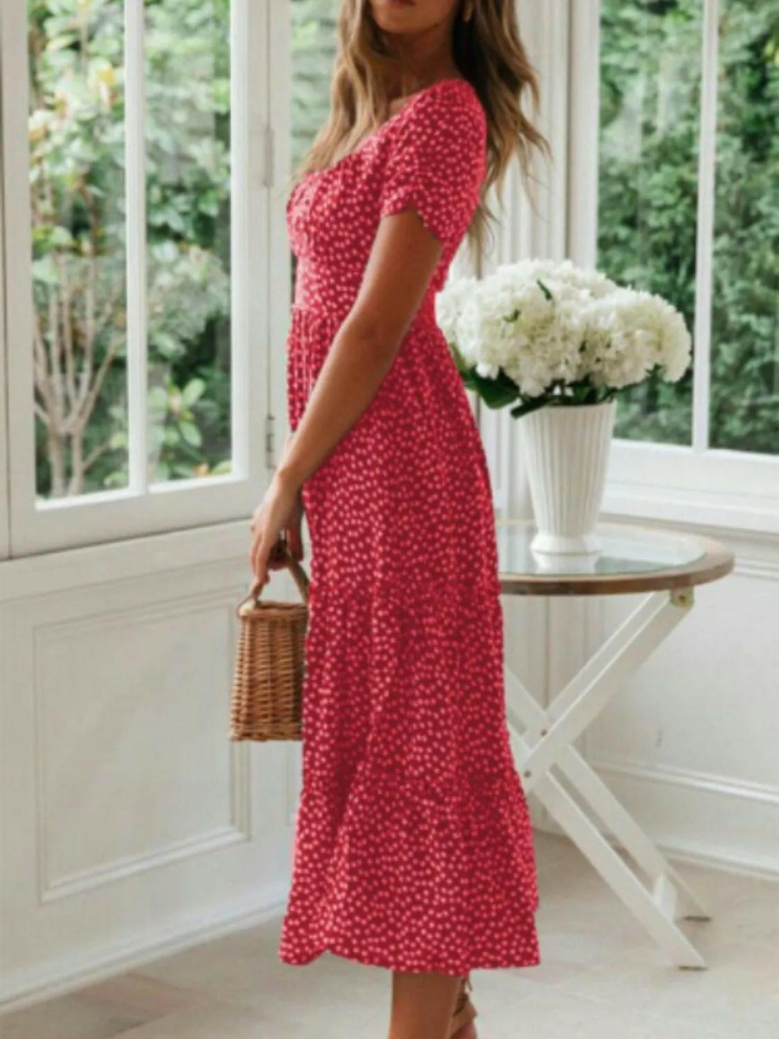 Square Neck Short Sleeve Midi Dress.