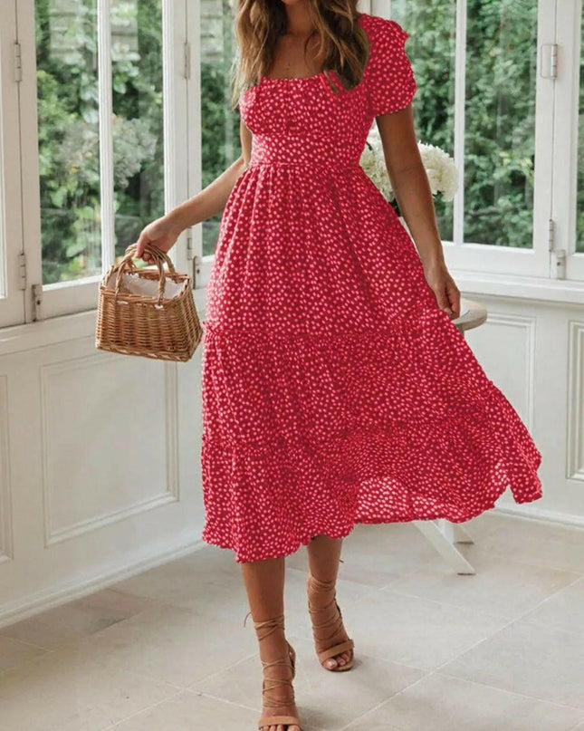 Square Neck Short Sleeve Midi Dress.