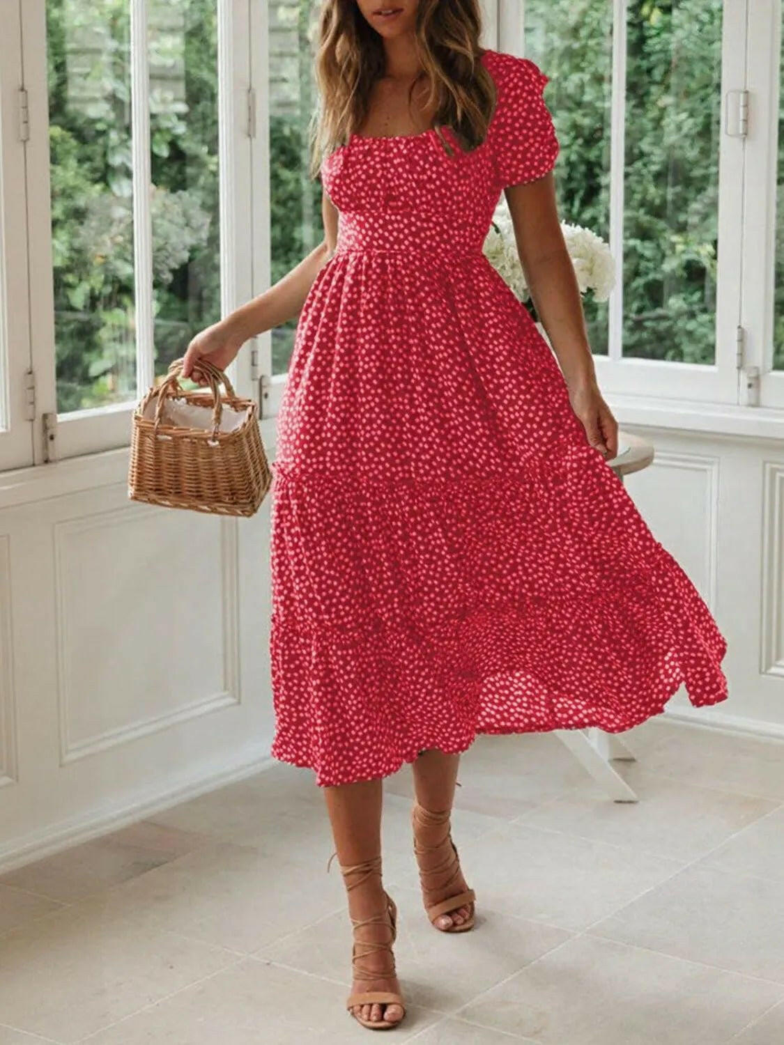 Square Neck Short Sleeve Midi Dress.