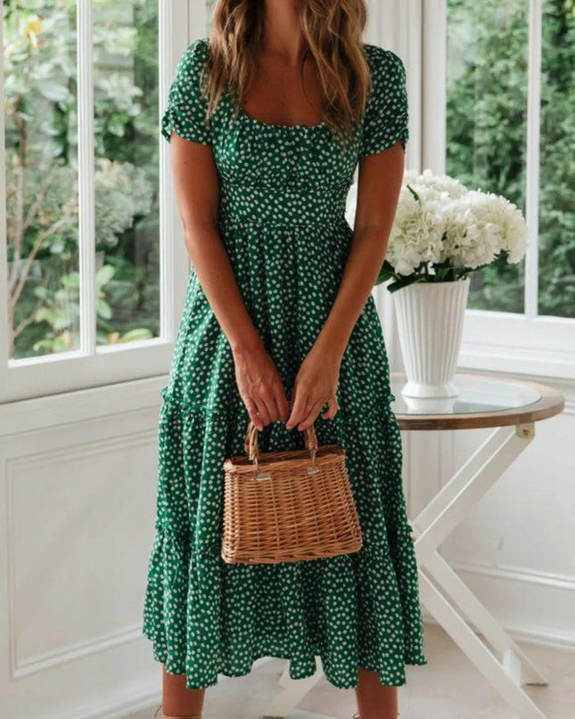 Square Neck Short Sleeve Midi Dress.