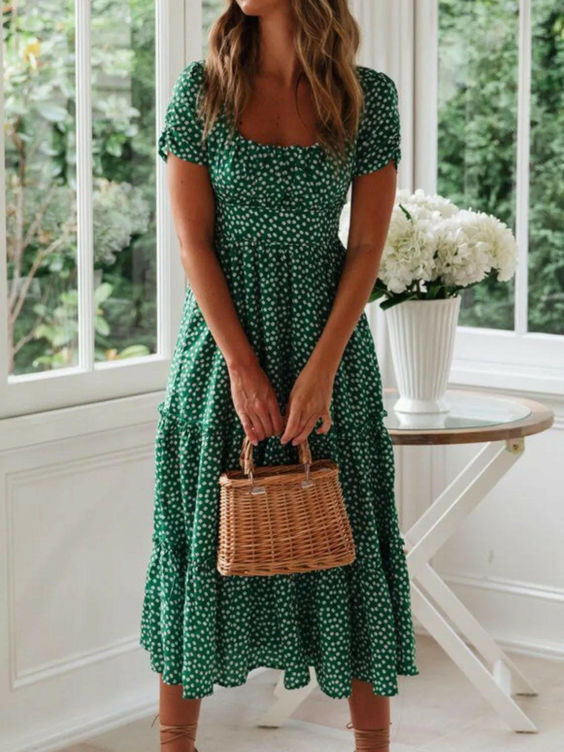 Square Neck Short Sleeve Midi Dress.