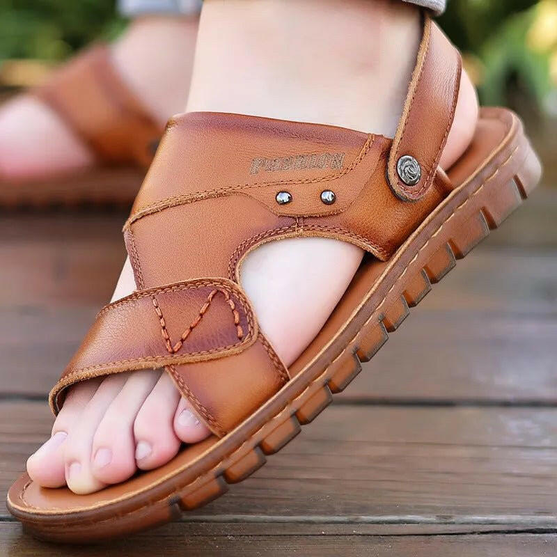 Stylish Men's Beach Sandals with Top Layer Cattlehide Leather.